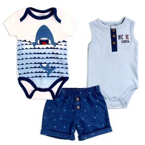 NWT BLOOMIN' BABY Boys Newborn 3PC Short Set. 2 Onsies & Shorts. Blue & White